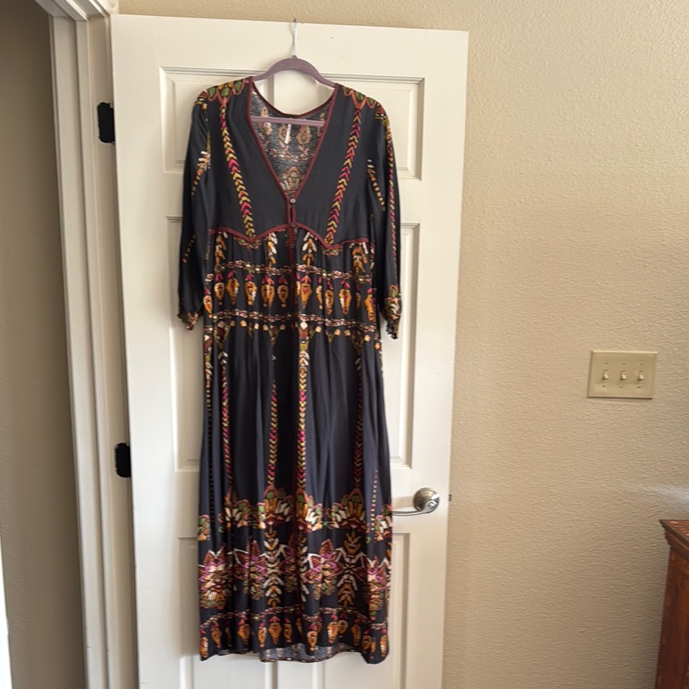 Free People Blue and Brown V-Neck 3/4 Sleeve Maxi Sundress